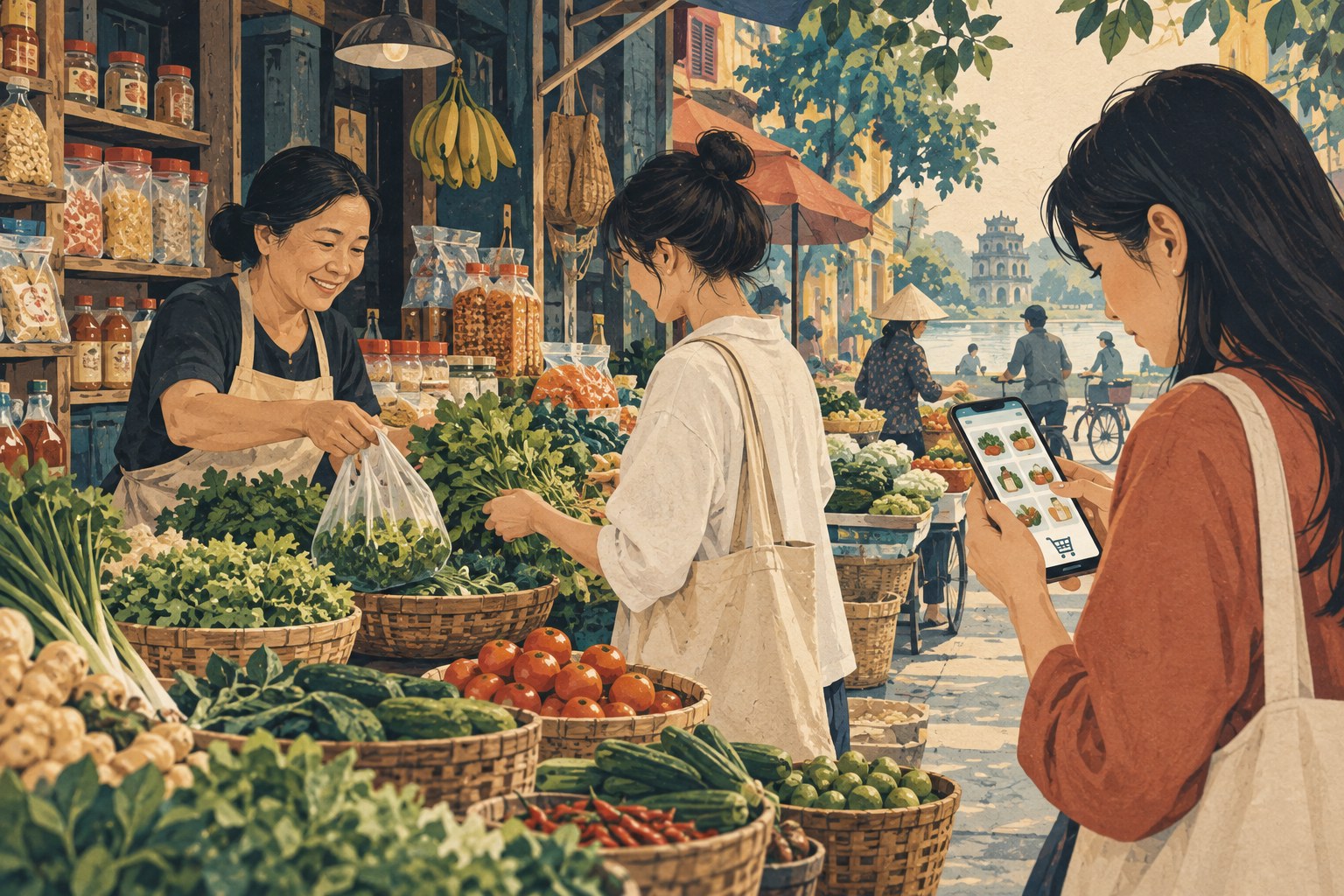 传统食品摊位与手机购物并行（说明性插画）