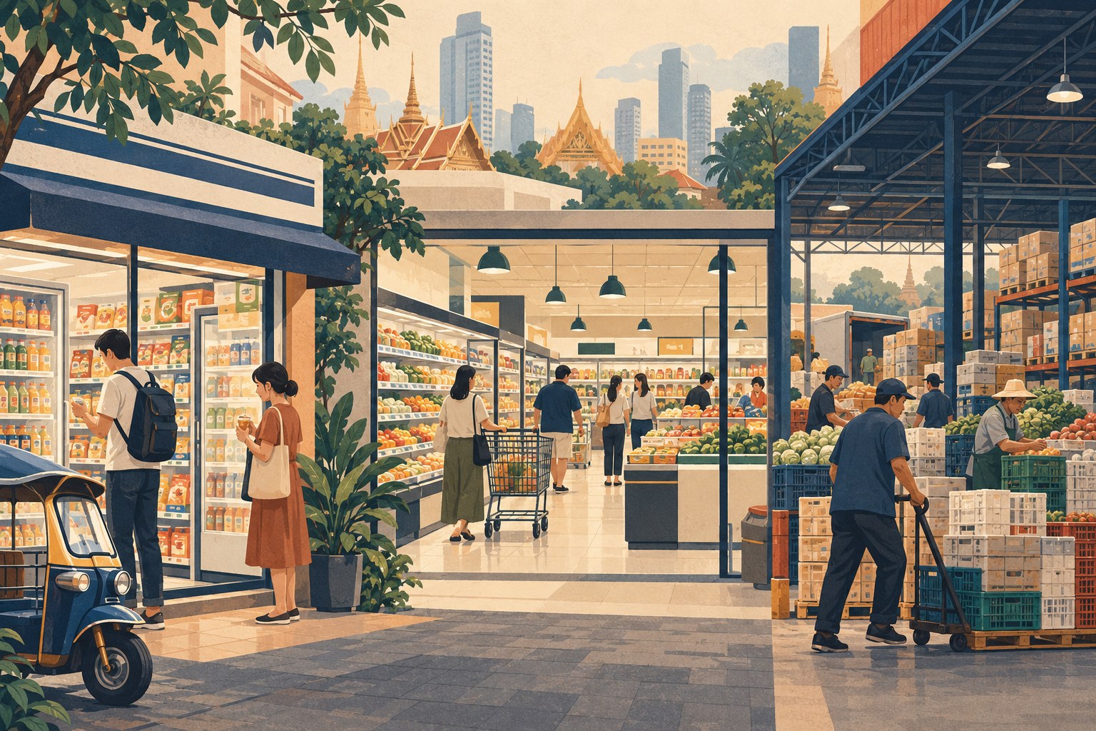 便利店、超市与批零卖场的不同货架（说明性插画）