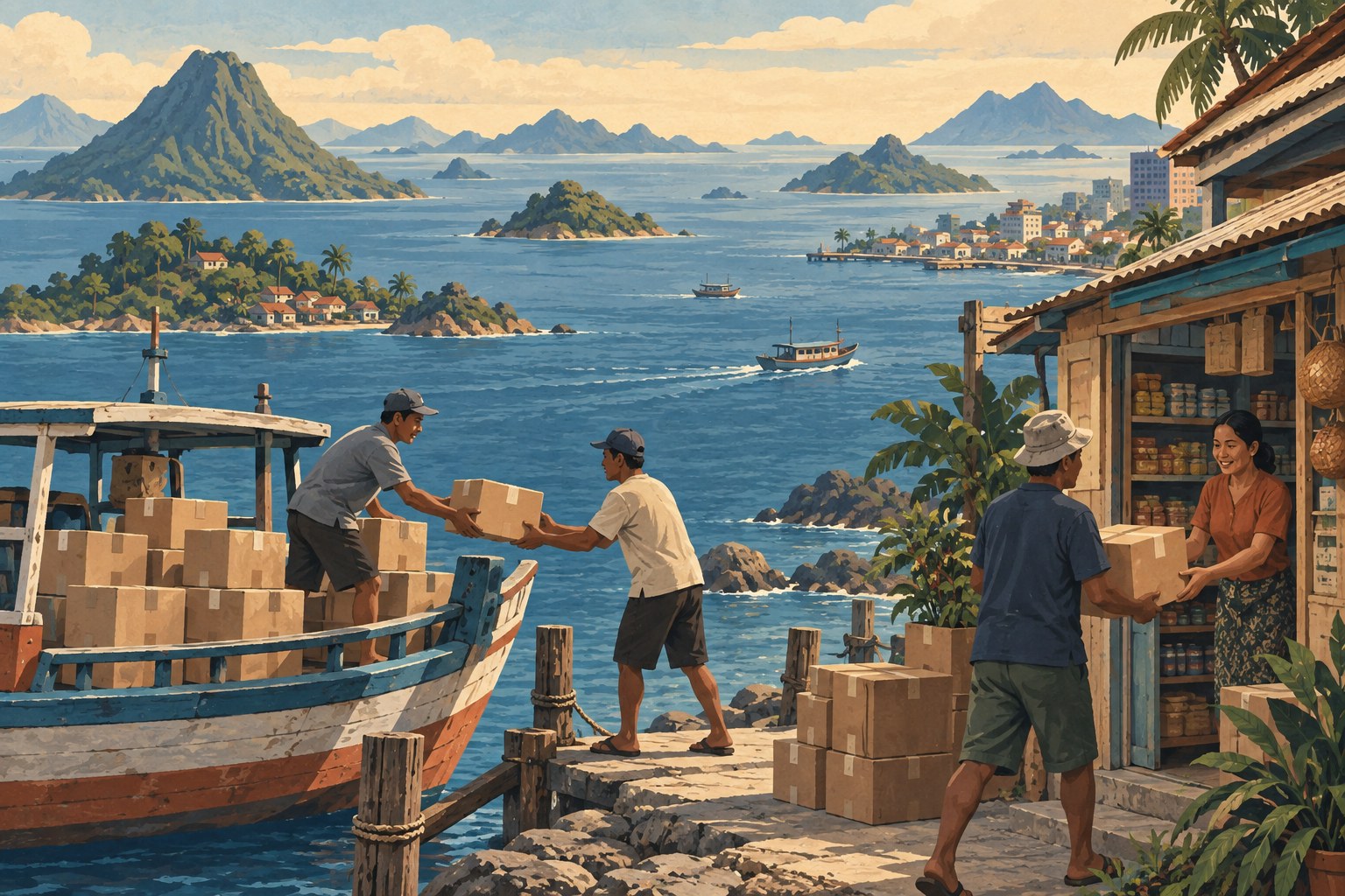 船舶、岛屿与社区商店形成的分销距离（说明性插画）