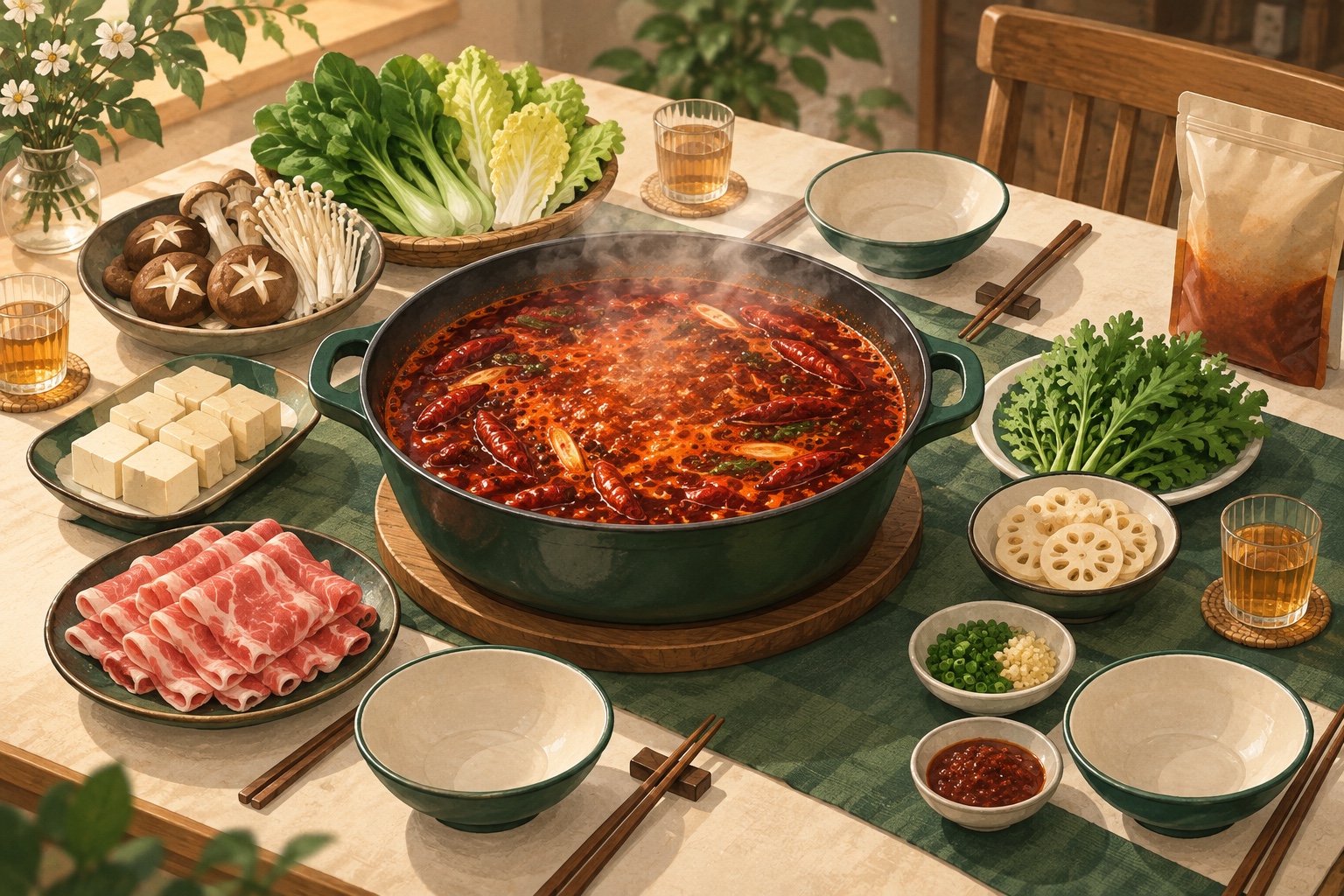 家庭火锅餐桌（说明性插画）