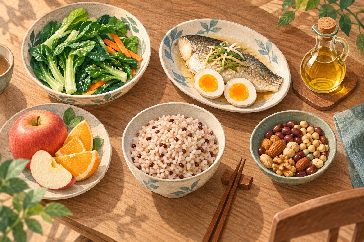 普通餐食中不同食物的搭配（说明性插画）