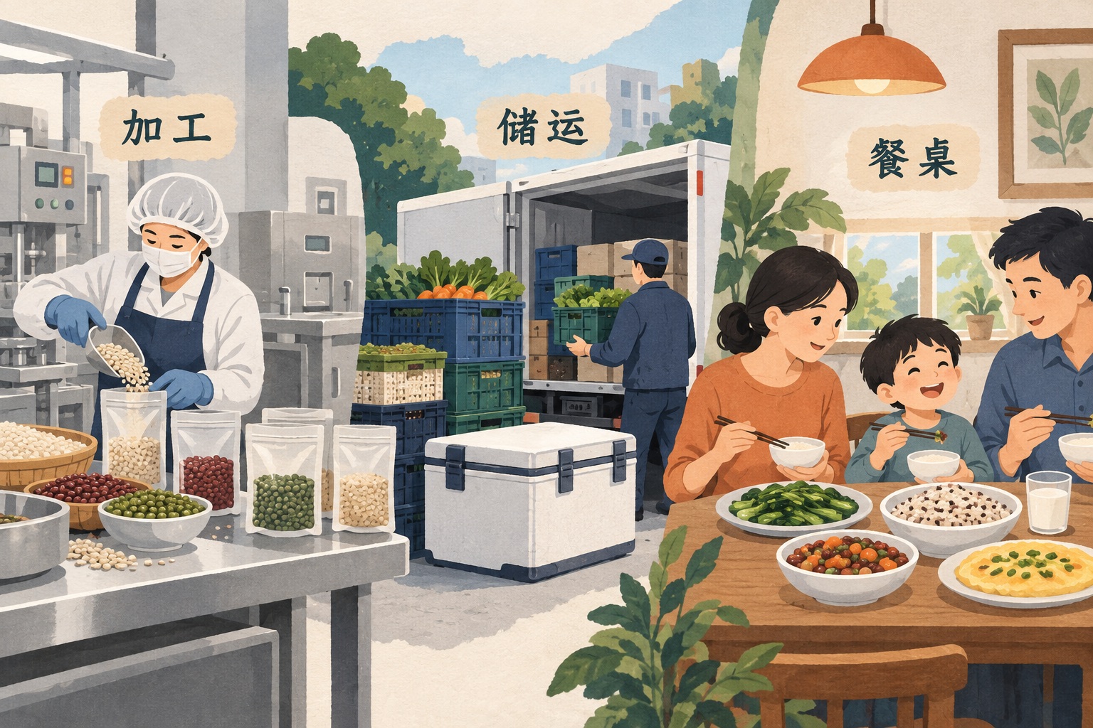 食品加工、储运与日常餐桌的连接（说明性插画）