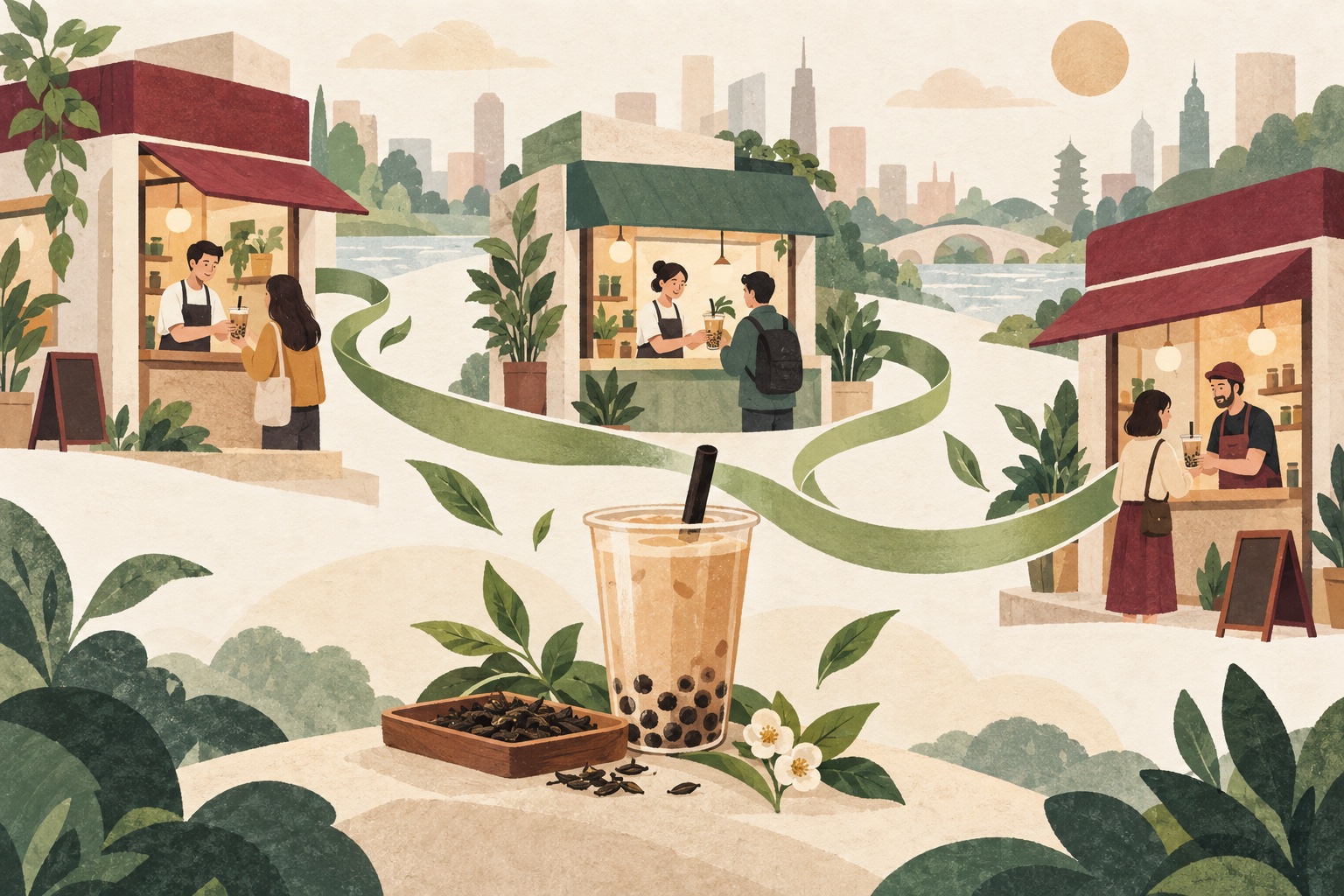 茶饮产品连接几家不同经营者的概念插画（说明性插画）