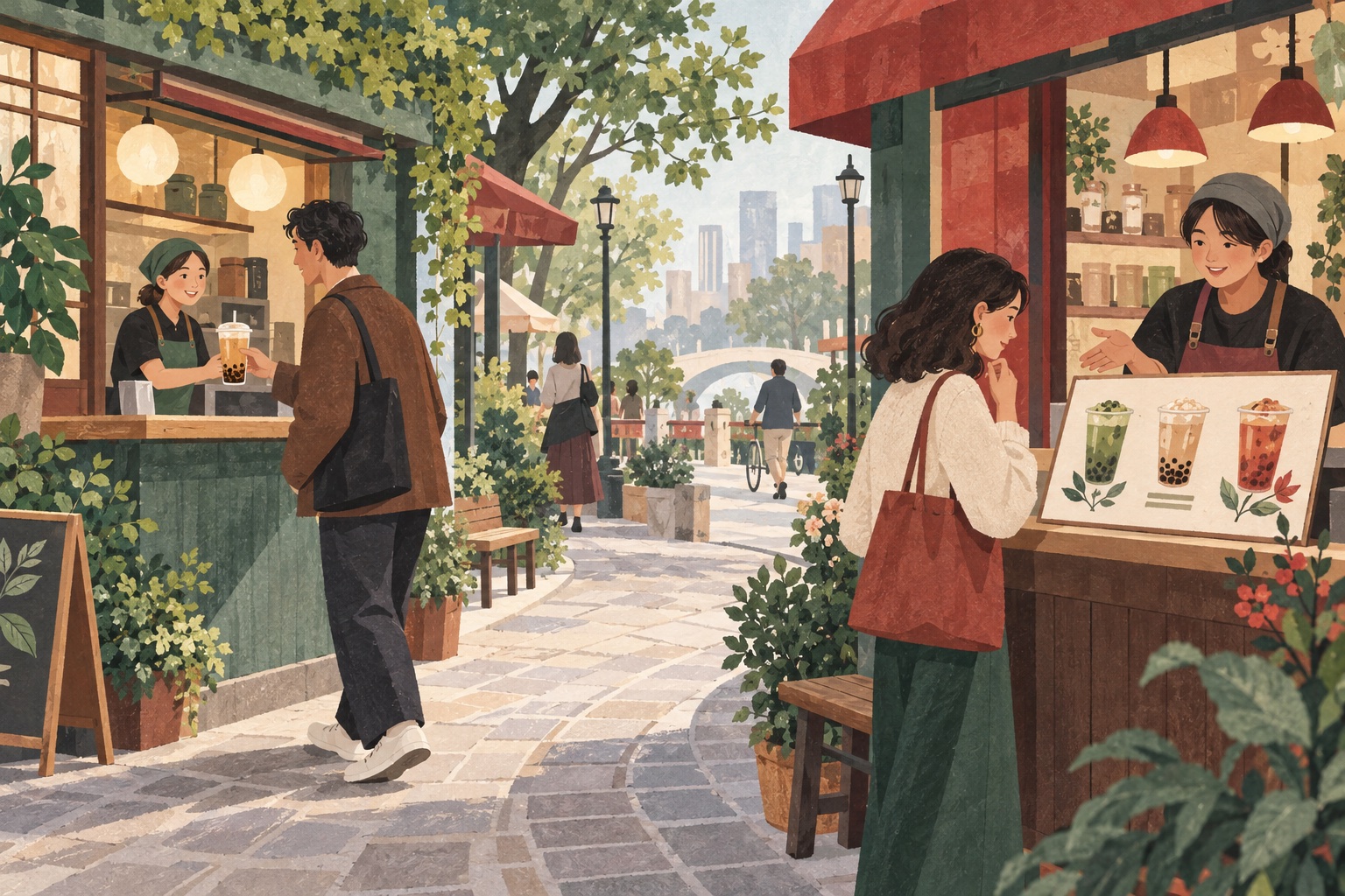 熟悉与初次接触茶饮的顾客场景插画（说明性插画）