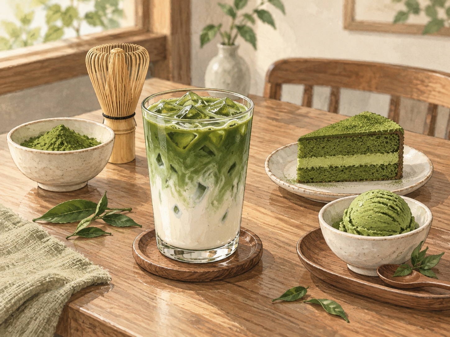 抹茶饮品、茶粉、蛋糕和冰淇淋的说明性静物插画(说明性插画)