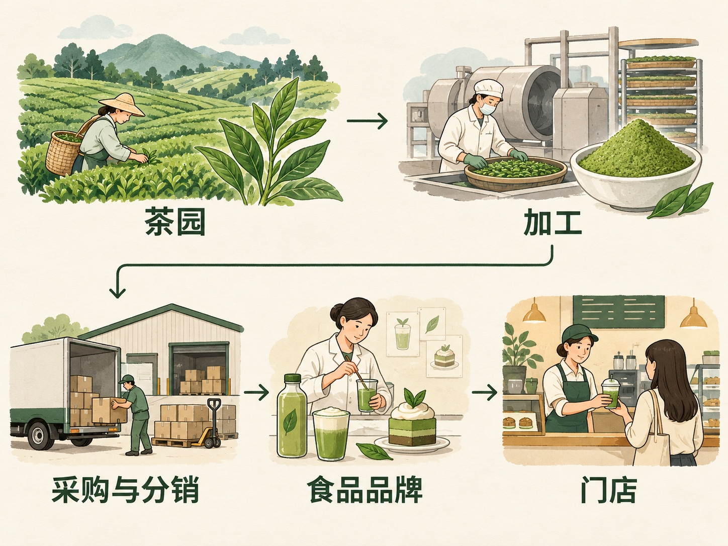 茶园、加工、采购与分销、食品品牌、门店的简化角色关系