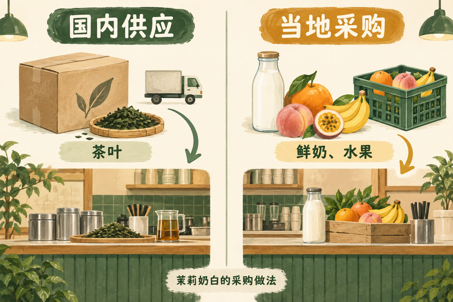 茉莉奶白茶叶跨境供应、鲜奶水果当地采购分工示意
